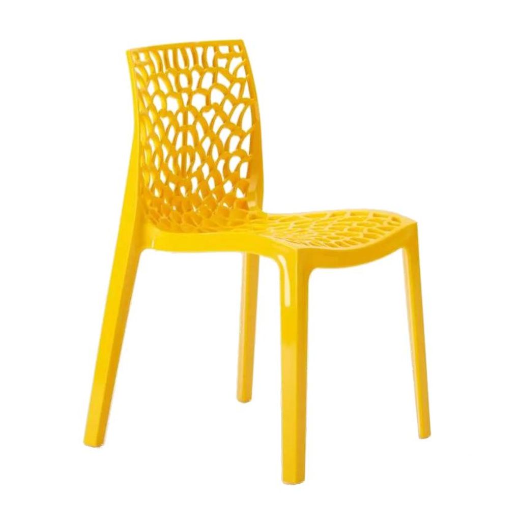 A yellow designer chair with a web-like pattern on the back and seat, shown from a side-front angle against a white background.