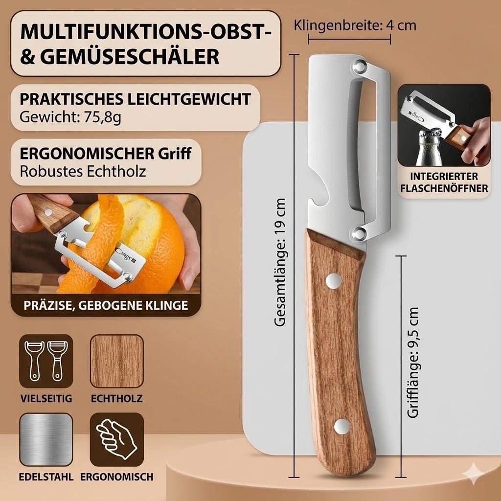 Premium Edelstahl Multifunktionsschäler 18,5cm mit Massivholzgriff, Sparschäler