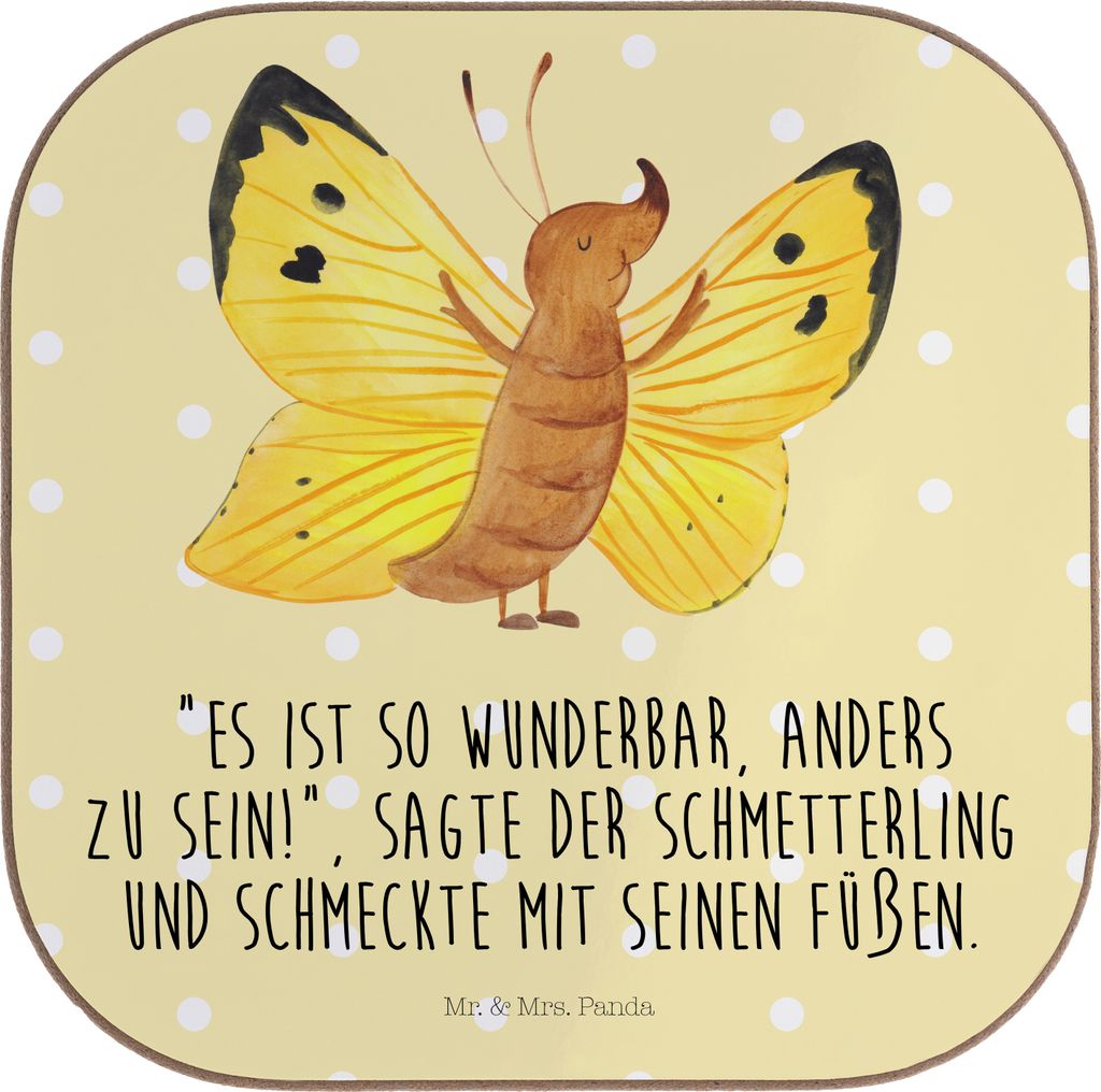 Mr. & Mrs. Panda Holzuntersetzer Schmetterling Zitronenfalter - Gelb Pastell - Geschenk, Selbstliebe, Liebe, Fakten, Untersetzer Quadratisch, Schme...