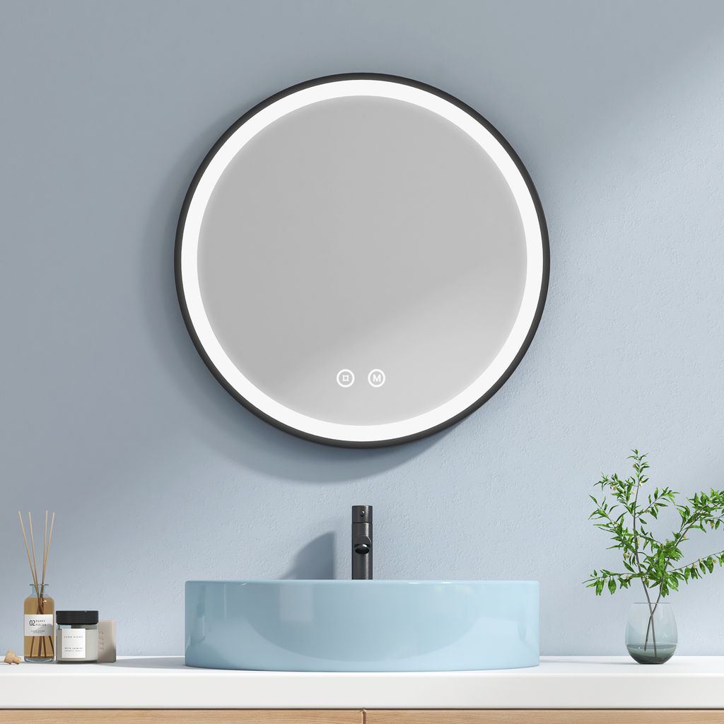 EMKE Rundф60cm LED Badspiegel mit 3 Lichtfarben und einstellbarer Heilligket, Memory Funktion, Smart Touch Badezimmerspiegel mit Schwarz Lederband