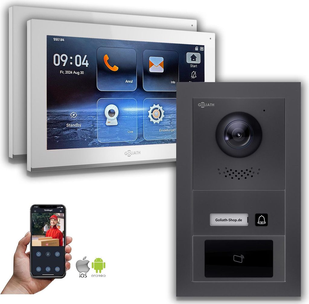 Goliath IP Video Türsprechanlage mit Kamera 10-Zoll RFID Anthrazit : Unterputzdose : 10 Zoll in Weiß : 2 Monitore Anzahl: 2 Monitore Farbe: 10 Zo...