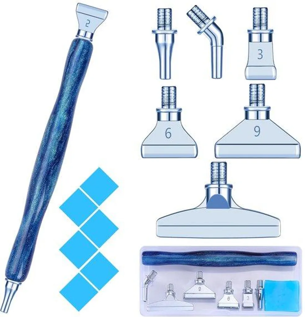 Stylo Diamond Painting 5D Bleu avec 6 Têtes Métalliques Interchangeables