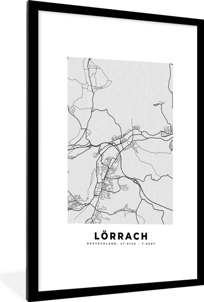 MuchoWow Gerahmtes Poster Stadtplan - Karte - Lörrach - Deutschland 60x90 cm - Poster mit Schwarzem Bilderrahmen Wandposter Rahmen Foto Bilder -...
