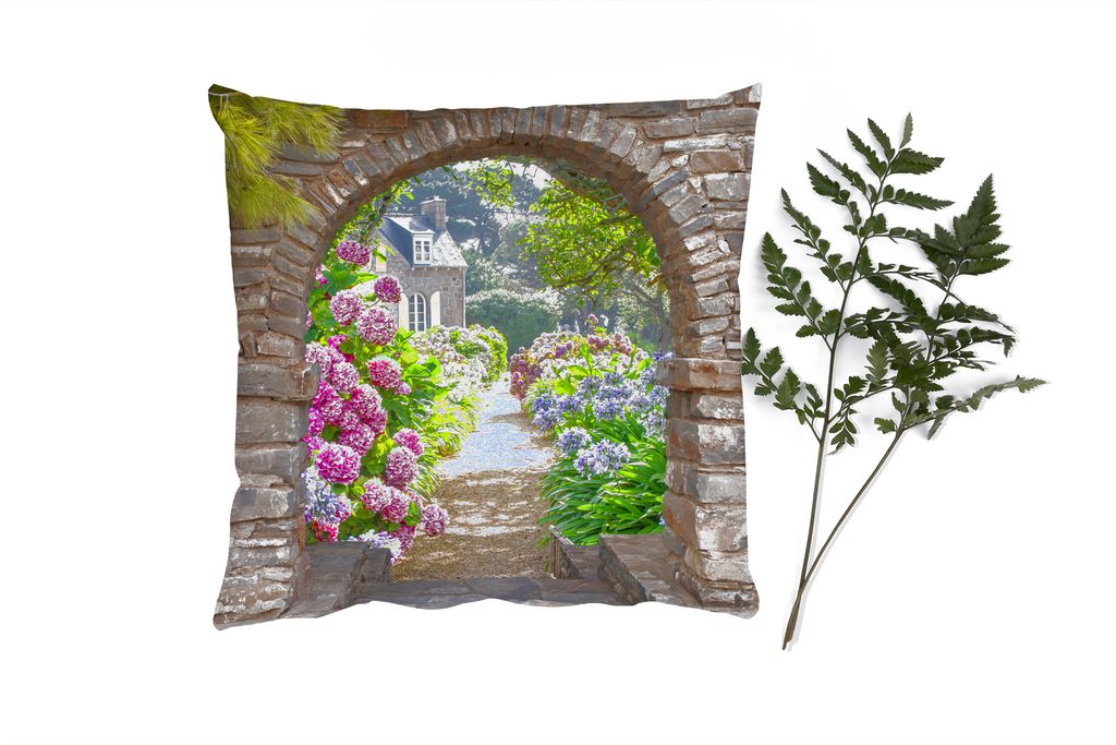 MuchoWow Zierkissen Sofakissen Wohnzimmer Dekokissen 40x40 cm Blumen - Guck-guck - Hortensie - Sommer - Foto Kissen - Schlafzimmer Dekoration