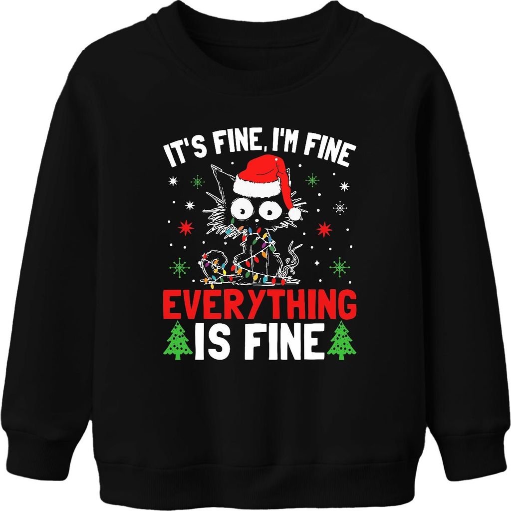 It's Fine I'm Fine Weihnachten Katze Lichter lustig Geschenk Uni Kinder Sweatshirt Pullover, Schwarz, 152