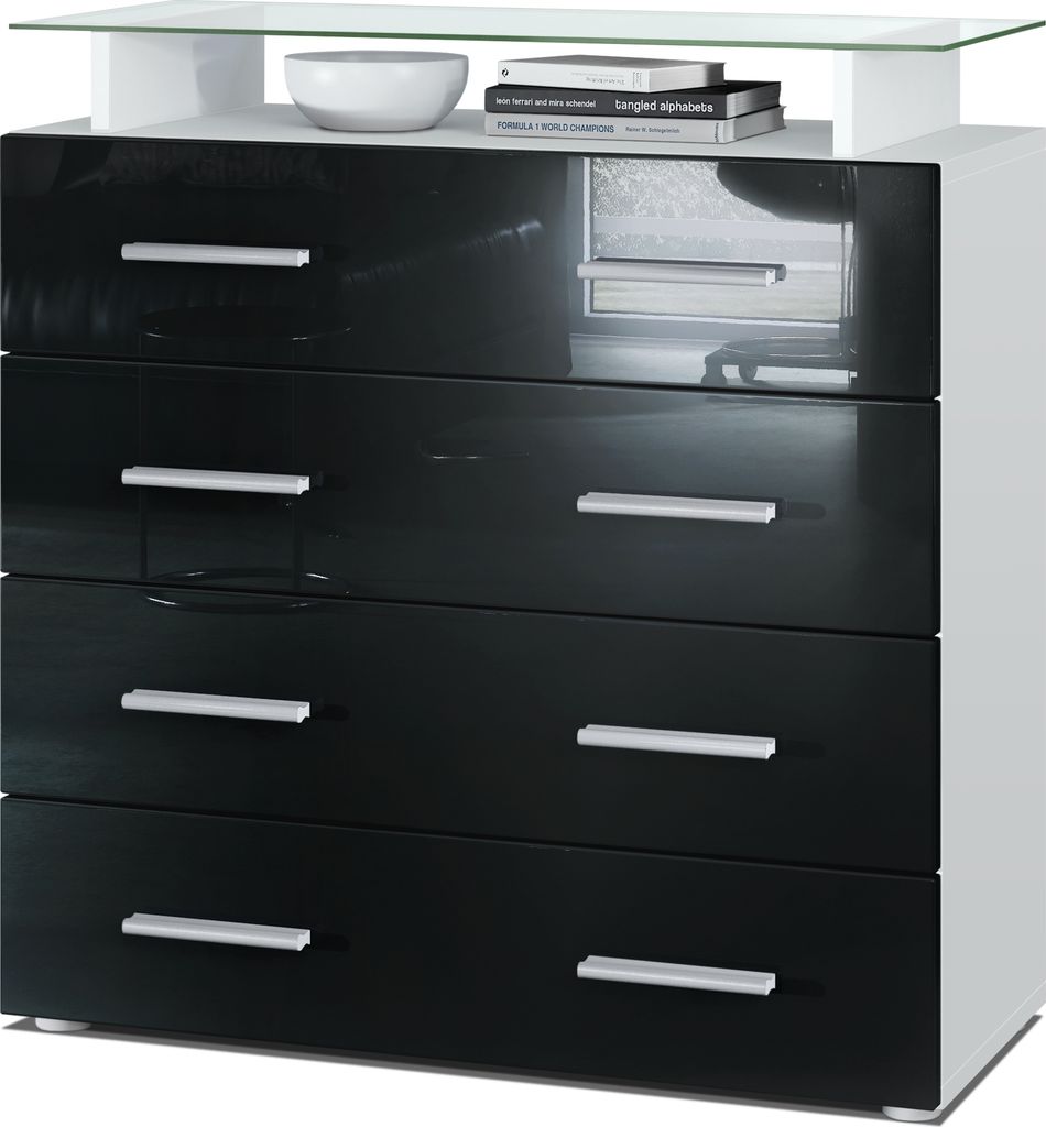 Vladon Sideboard Pavos V2, Kommode mit 4 Schubladen und Glasablage, Weiß matt/Schwarz Hochglanz (76 x 81 x 35 cm)