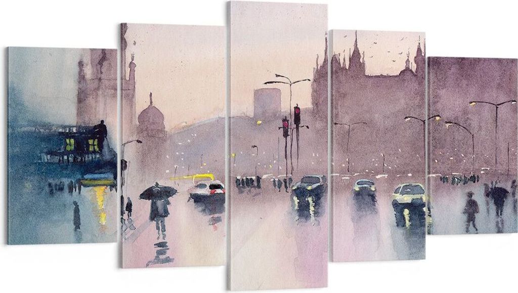 Bild auf Leinwand - Leinwandbild - 5 Teile - Aquarell Stadt historische Denkmäler - 160x85cm Wand Bild Wanddeko Wandbilder Leinwanddruck Bilder Wa...