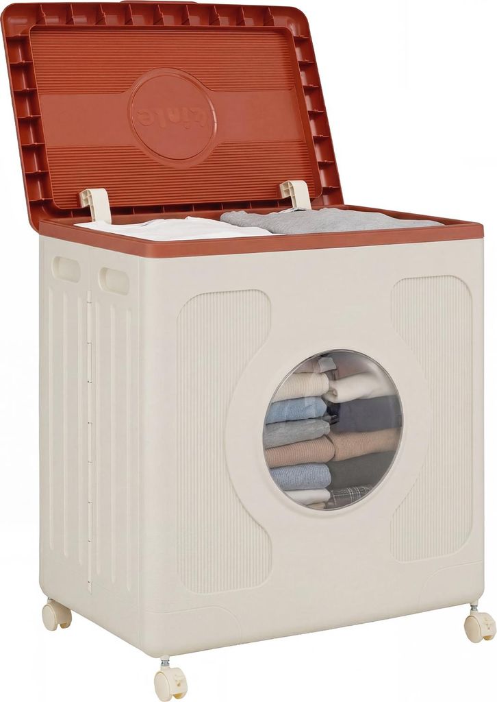 COSTWAY Aufbewahrungsbox, 45 L Wäschekorb Kunststoff mit Rollen & Deckel & Fenster, Wäschetonne tragbar für Zuhause, Wäsche & Schlafzimmer, Orange