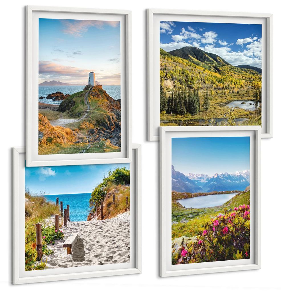 Bilder Set 4-teilig im weißen Rahmen – Wandbilder 4 Stück – gerahmte Poster für Wohnzimmer, Schlafzimmer und Flur – 50x50 cm - 40x60 cm ...