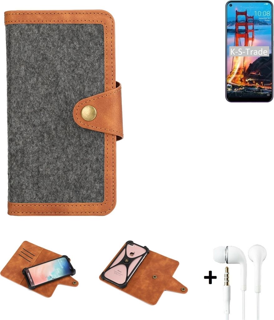 K-S-Trade Handyhülle + Kopfhörer kompatibel mit ZTE Blade V2020 Schutzhülle Filzhülle Kunstleder dunkelgrau braun (1x)