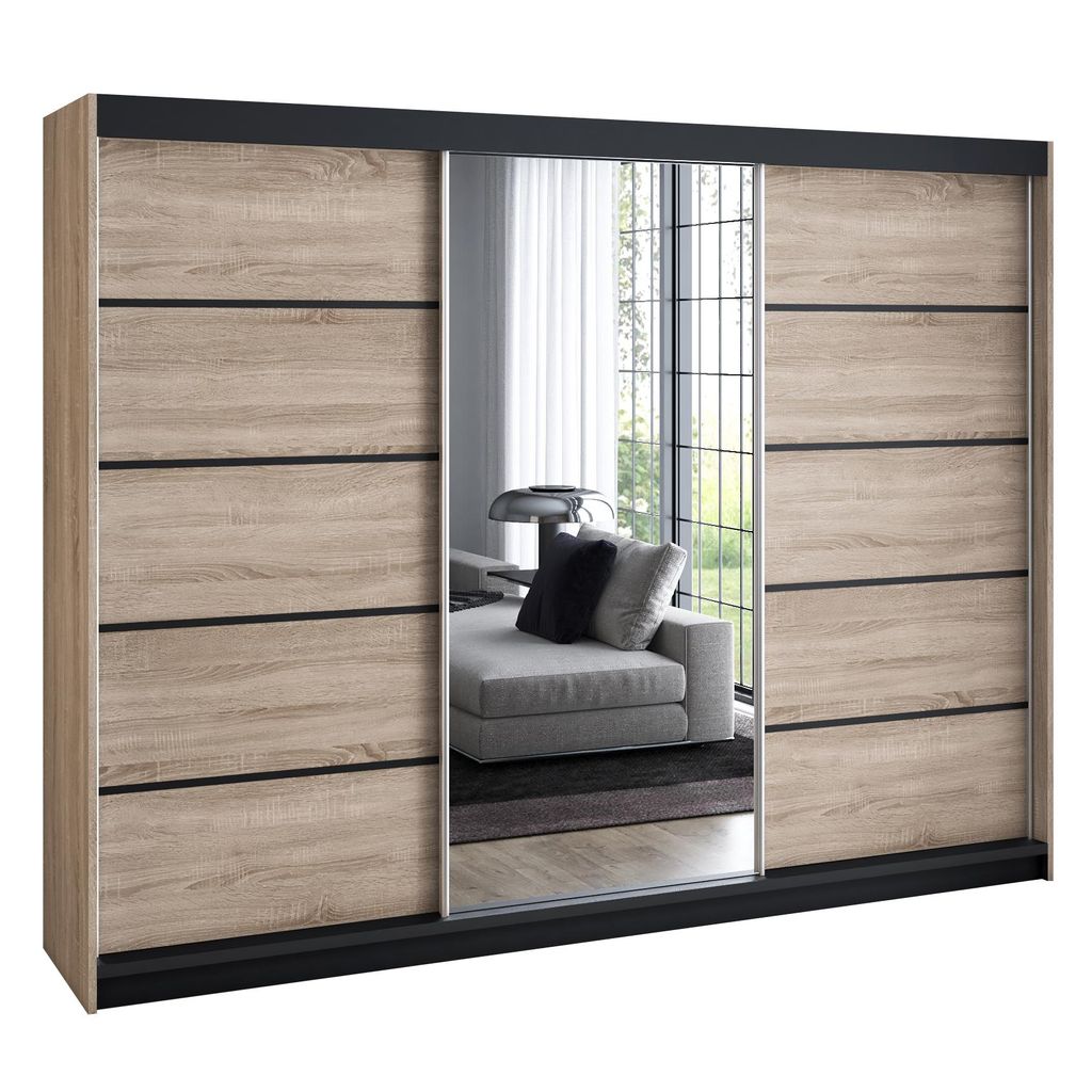 Schwebetürenschrank 200 cm, 3-türig, mit Spiegel & 4 Schubladen, Retro-Stil, modern – Kleiderschrank VILUNO 4 Sonoma / sonoma / sonoma