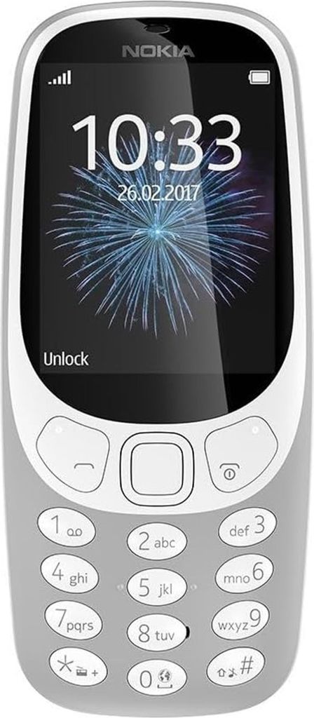 A front view of a gray and white Nokia 3310 mobile phone.