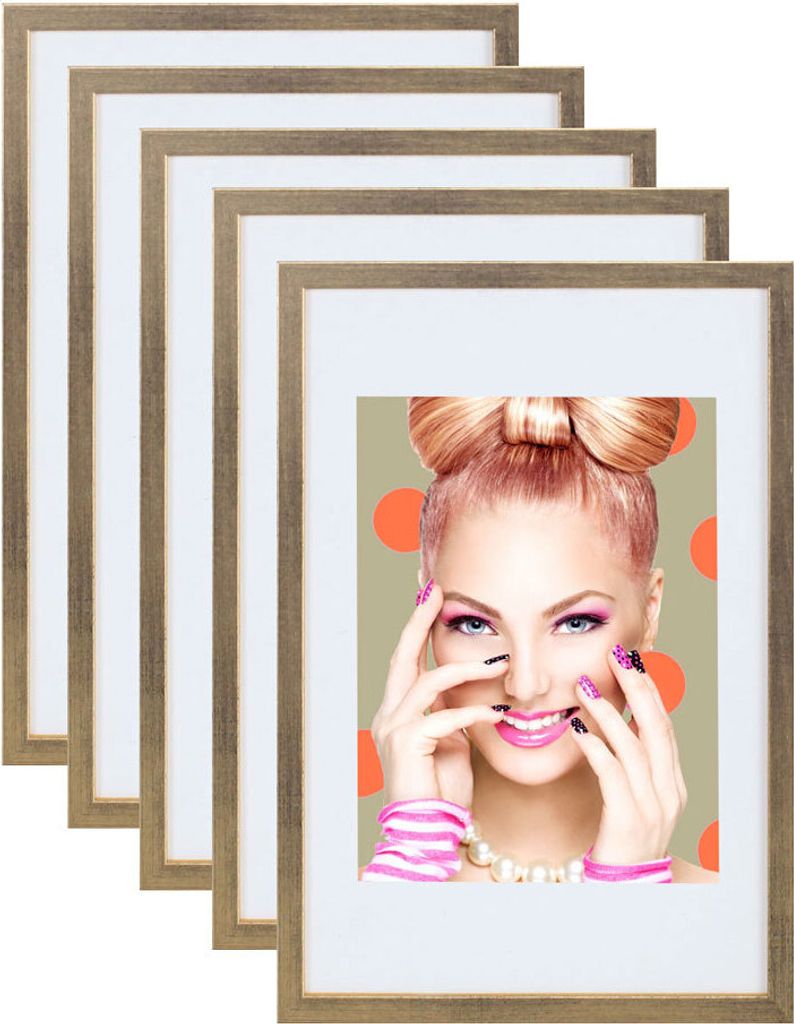 3er 5er Set Holz Bilderrahmen Lifestyle Plexi Foto Rahmen Collage Wanddeko Poster S111 - Farbe: 5er Pack Gold | Format: 13x18