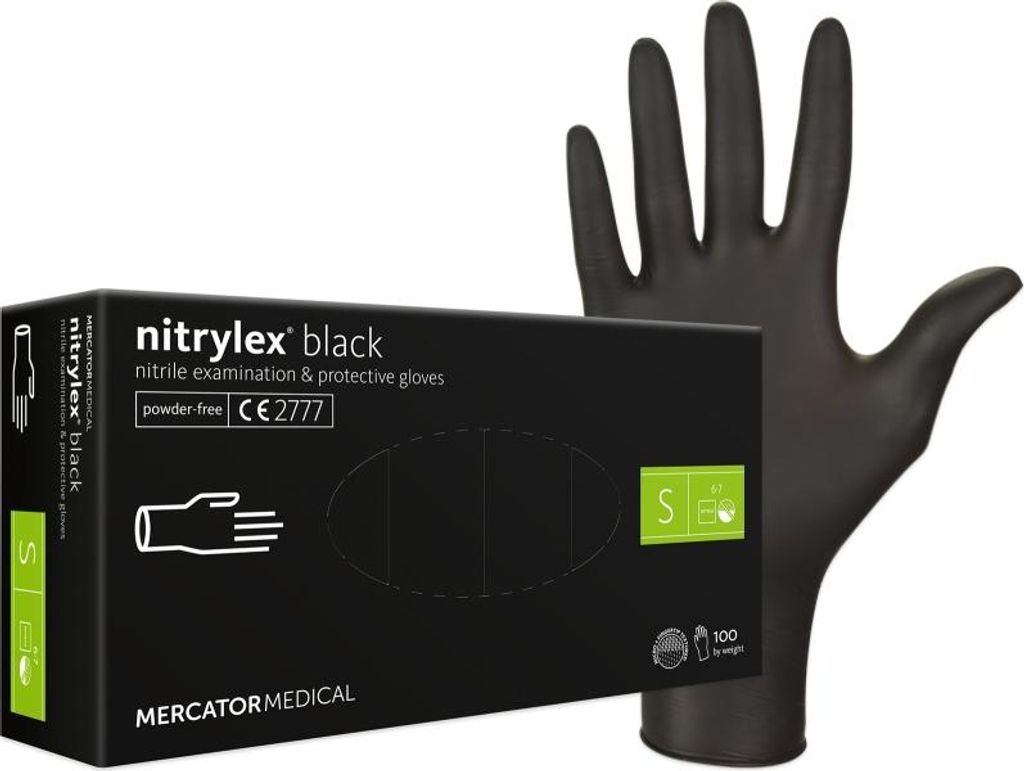 A box of black nitrile gloves and one glove are shown against a white background.