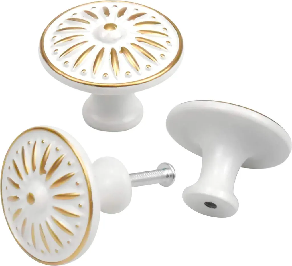 Boutons de tiroir ronds vintage blancs lot de 10 en céramique et métal