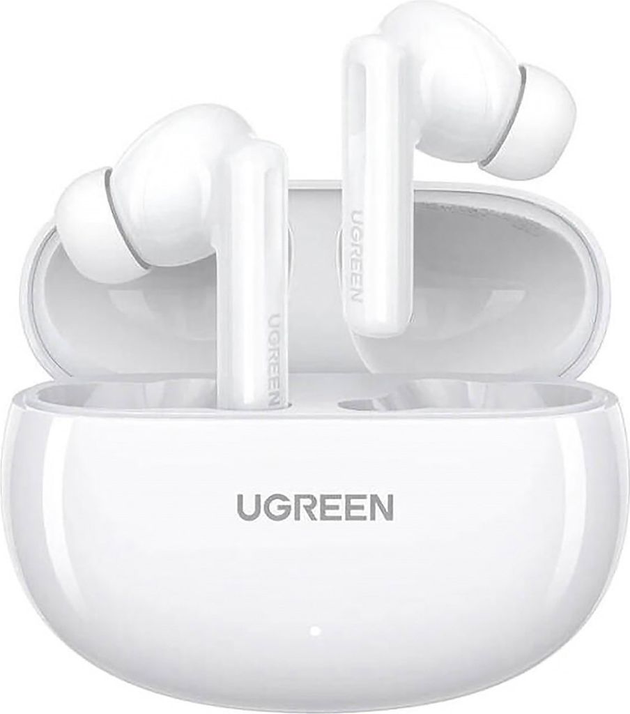 A pair of white wireless earbuds and their charging case.