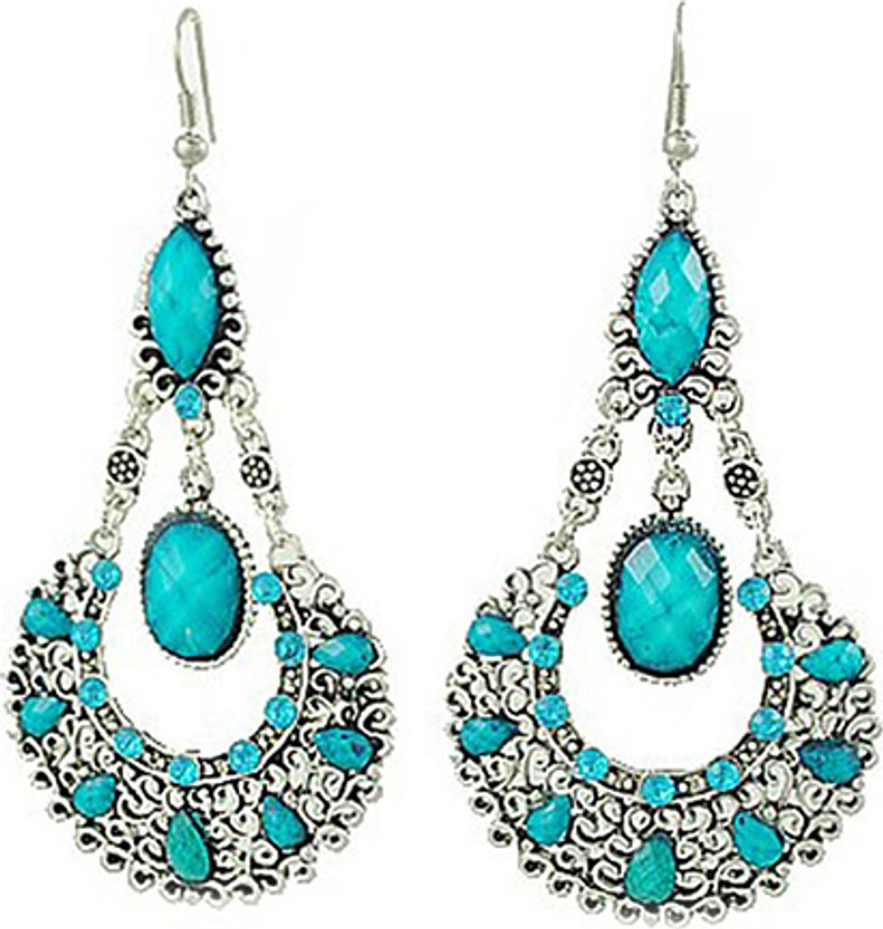 Ethnische Vintage Lady Strass baumeln Haken Kronleuchter Statement Ohrringe Schmuck-Blau