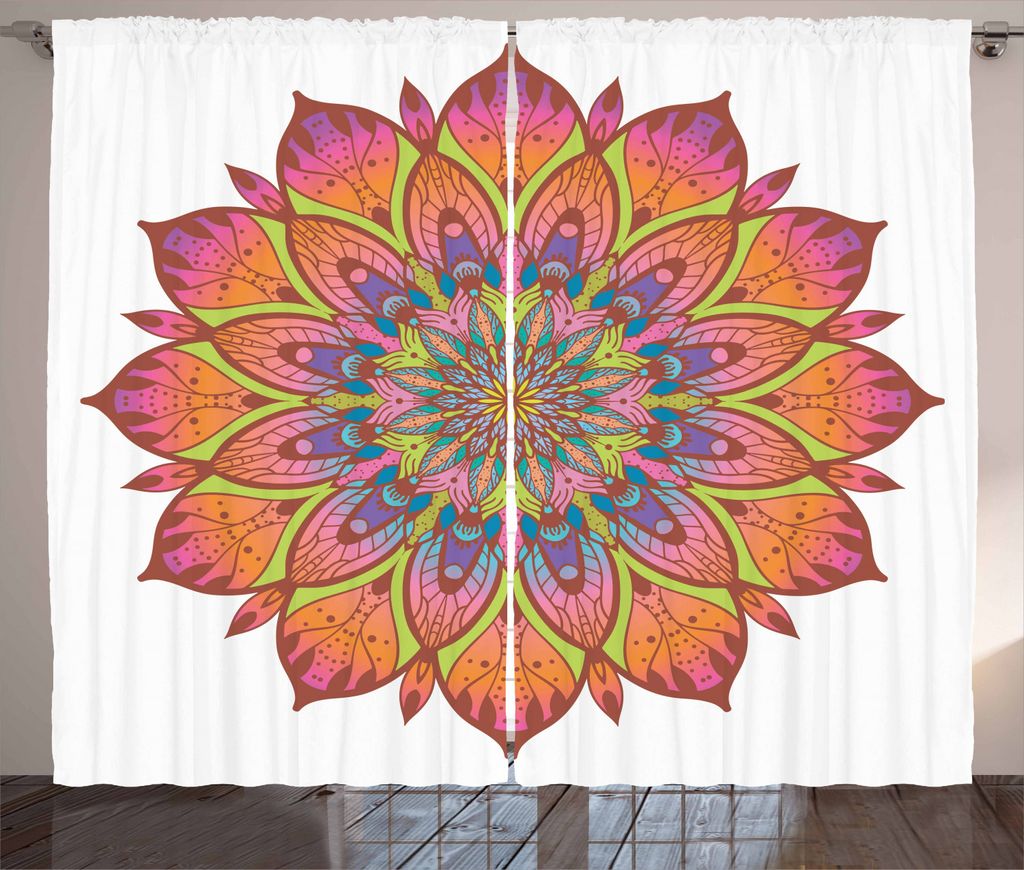 ABAKUHAUS Mandala Rustikaler Gardine, Blühend Blumen-Muster, Schlafzimmer Kräuselband Vorhang mit Schlaufen und Haken, 280 x 225 cm, Mehrfarbig