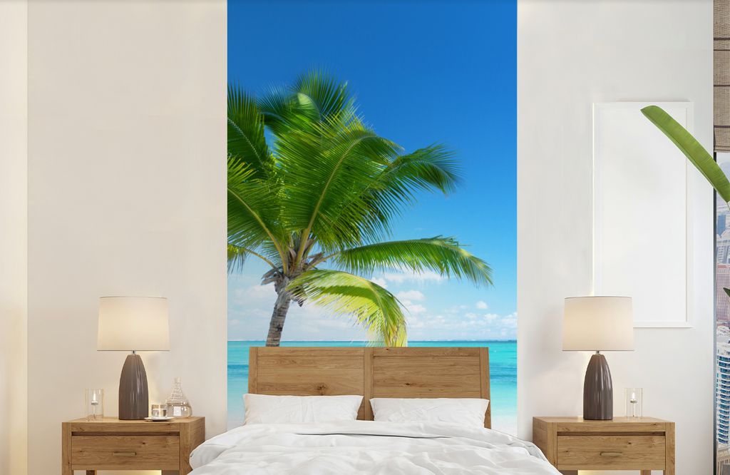 MuchoWow Fototapete für Wohnzimmer oder Schlafzimmer Wandtapete Vinyl Motivtapete Palme - Strand - Meer - Sommer - 120x240 cm - Hintergrundbild