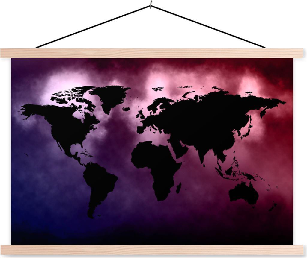 MuchoWow Textilposter Weltkarte - Schwarz - Rosa 60x40 cm mit holzfarbenen Rahmen - Bilder