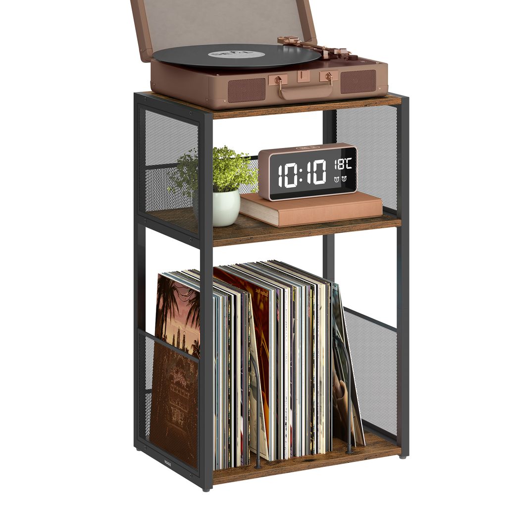 A three-tiered shelf unit with a record player on top, a digital clock and books on the middle shelf, and vinyl records on the bottom shelf.