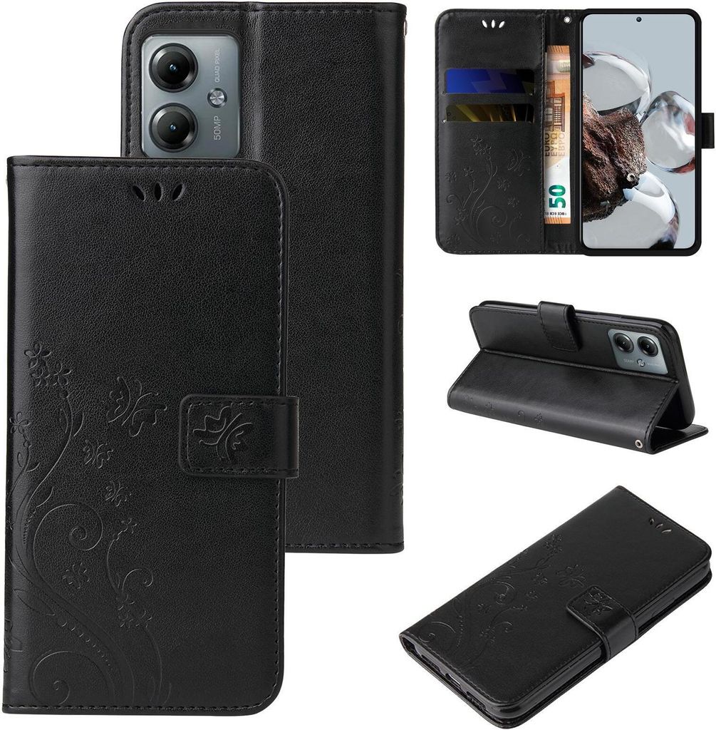Handyhülle für Motorola Moto G14 Floral Blumen Schmetterling Flip Cover Hülle Case Klapphülle Handytasche Farbe: Schwarz