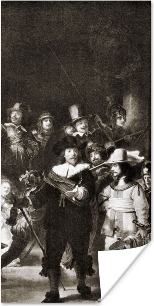 MuchoWow Poster Die Nachtwache in Schwarz und Weiß - Gemälde von Rembrandt van Rijn 80x160 cm - Kinderzimmer