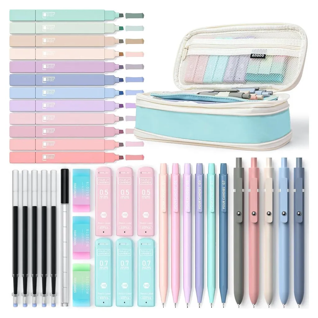 Kit Scolaire de Crayons Surligneurs et Stylos Gel avec Trousse Fille