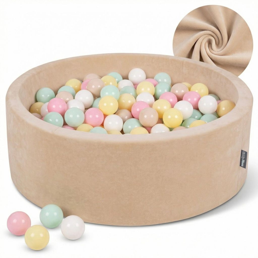 KiddyMoon Velvet Bällebad Kinder 90x30cm mit 300 Bunten Bälle ∅7cm - Bällepool Rund Baby zimmer Babyspielzeug Spielbad Plastikbälle - Sandbeige