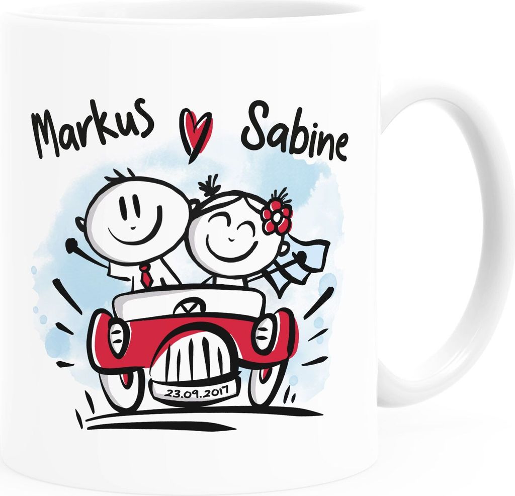 personalisierte Kaffee-Tasse Strichmännchen mit Namen und Datum Hochzeitsgeschenk Hochzeitstag SpecialMe Uni-Weiß Keramik-Tasse
