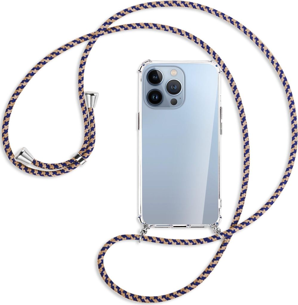 Handykette Backcover-Schutzhülle mit Band (Metall silberfarben) für Apple iPhone 13 Pro - blau+beige