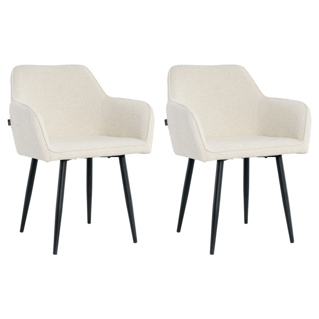 Lina Diamond Esszimmerstühle 2er Set Bouclé Creme mit Armlehnen – Stilvoll für Esszimmer, Büro und Küche mit schwarzen Metallbeinen