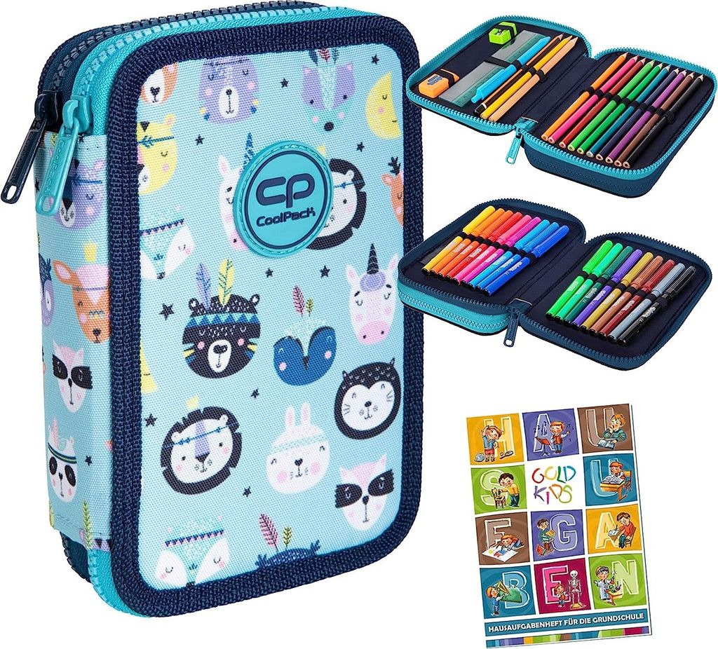 COOLPACK 2-fache Federtasche Federmappe Federmäppchen Indian Zoo 35-teilig gefüllte Schüleretui Stifte und Pinsel Fanartikel inkl. Aufgabenheft