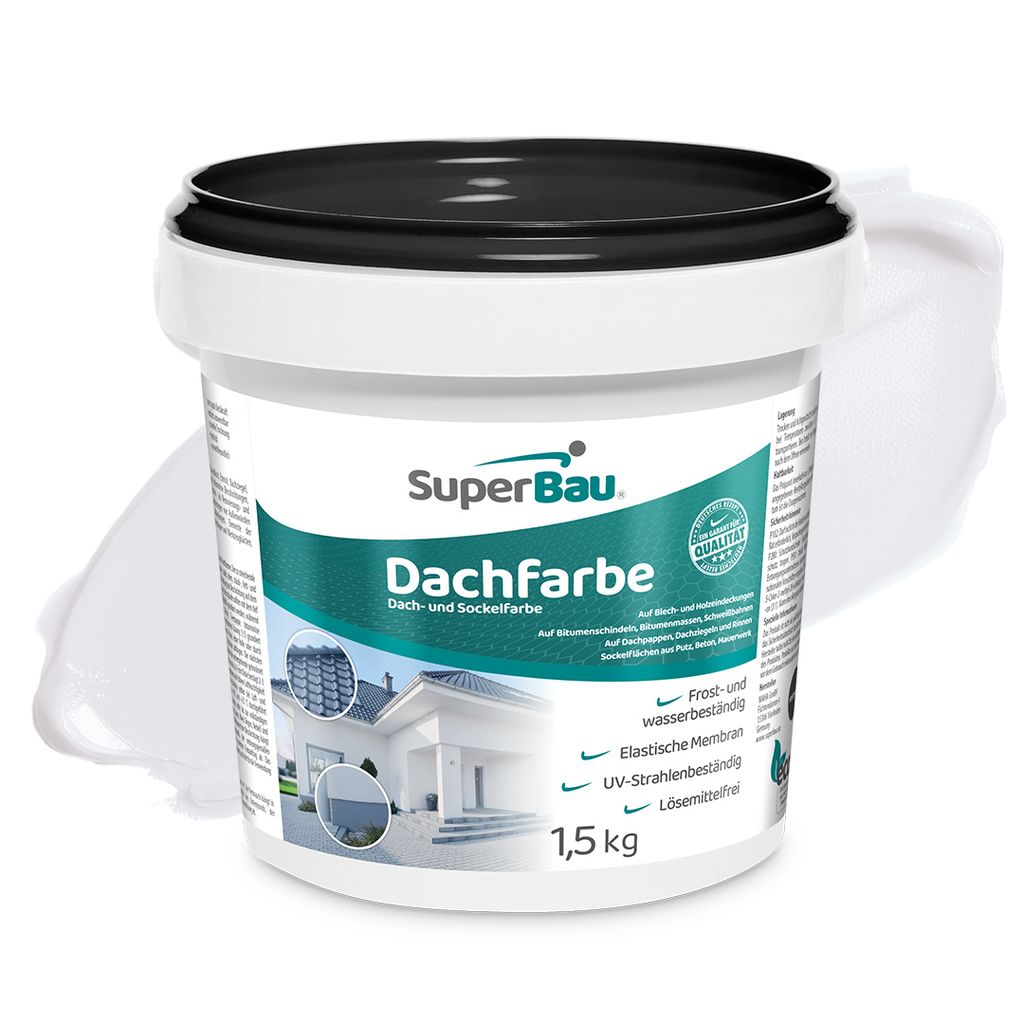 Superbau Dachfarbe Weiß 1,5kg, Sockelfarbe WASSERDICHT, Fassadenfarbe für Außen, Dachbeschichtung für Blechdach, Bitumen, Dachpappe, Schindeln,...