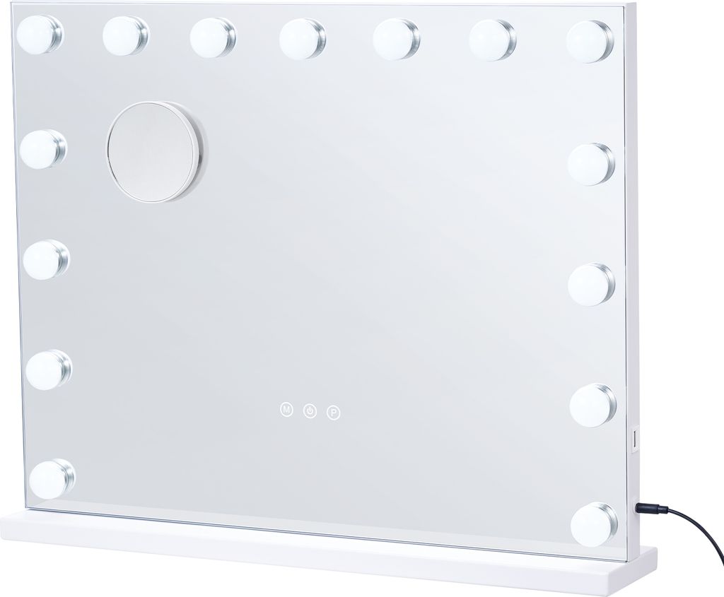 A white Hollywood-style makeup mirror with lights and a small magnifying mirror attached.
