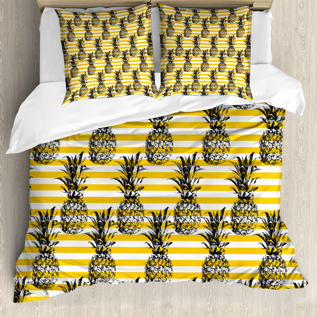 ABAKUHAUS Früchte Bettbezug, Modernes Ananas-Motiv, Milbensicher Allergiker geeignet mit Kissenbezügen, 200 cm x 200 cm - 80 x 80 cm, Erde Gelb W...