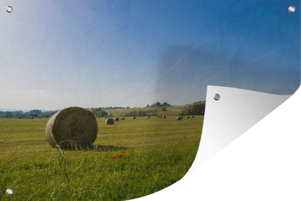 MuchoWow 60x40 cm Outdoor-Poster Gartendeko Sichtschutz Garten Poster für den Garten Grünes Feld mit Heuballen und klarem Himmel