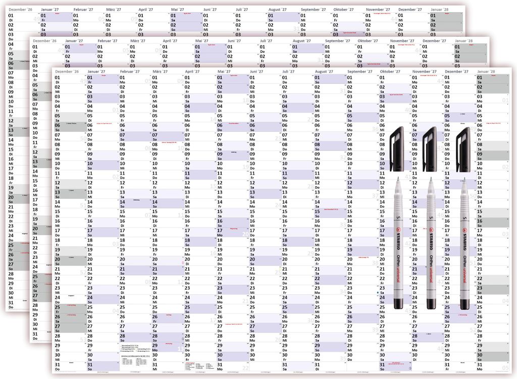 3 Stück XXXL Wandkalender Special A0 2027 nass abwischbar + 3 Folienstifte (Format 120 x 80cm) Jahresplaner Wandplaner gerollt mit extra großen T...