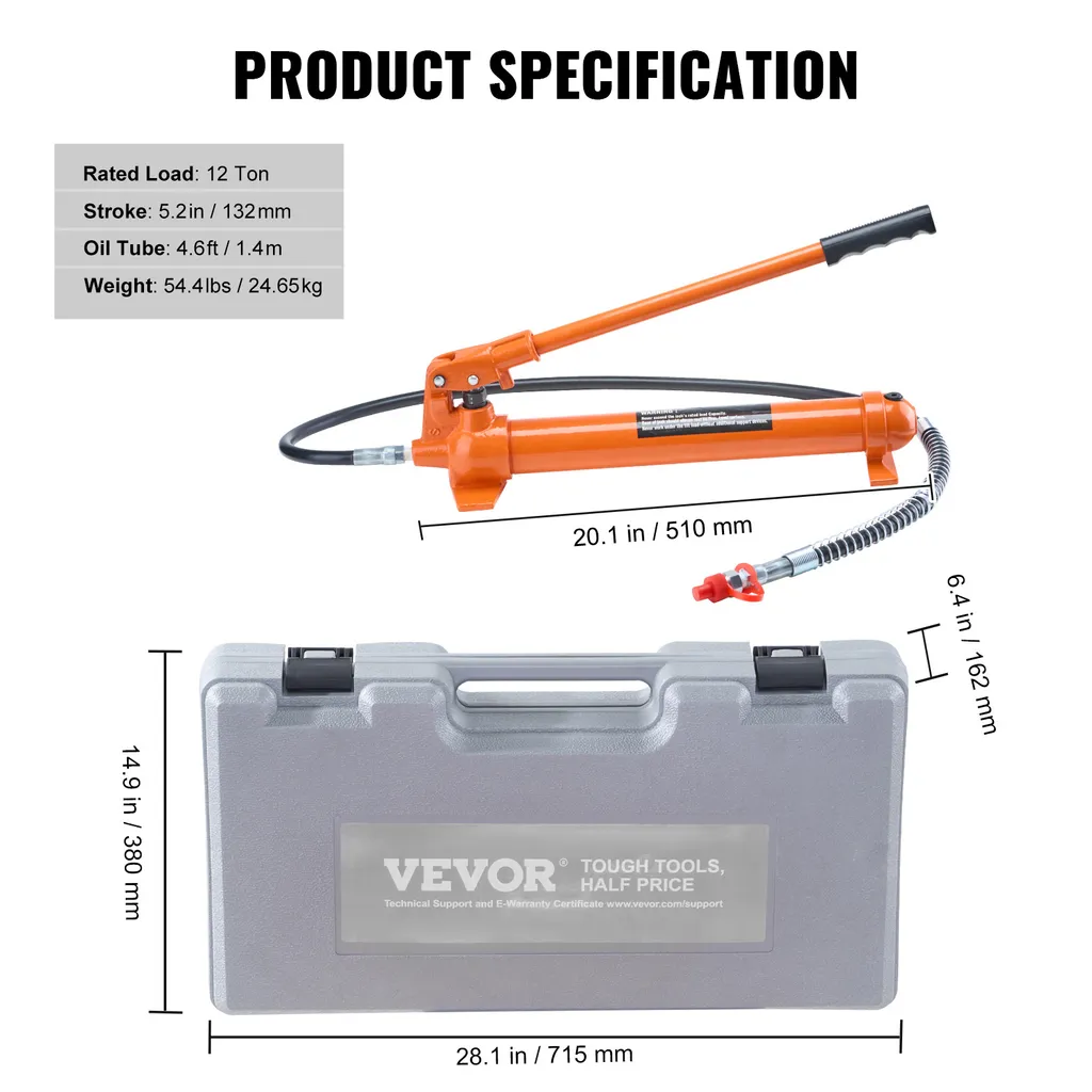 Kit di cilindri idraulici VEVOR, martinetto idraulico portatile da 12 t, con tubo flessibile dell'olio da 1,4 m, kit di riparazione del telaio dell'auto con custodia per la riparazione di auto, camion, aziende agricole, arancione - 7