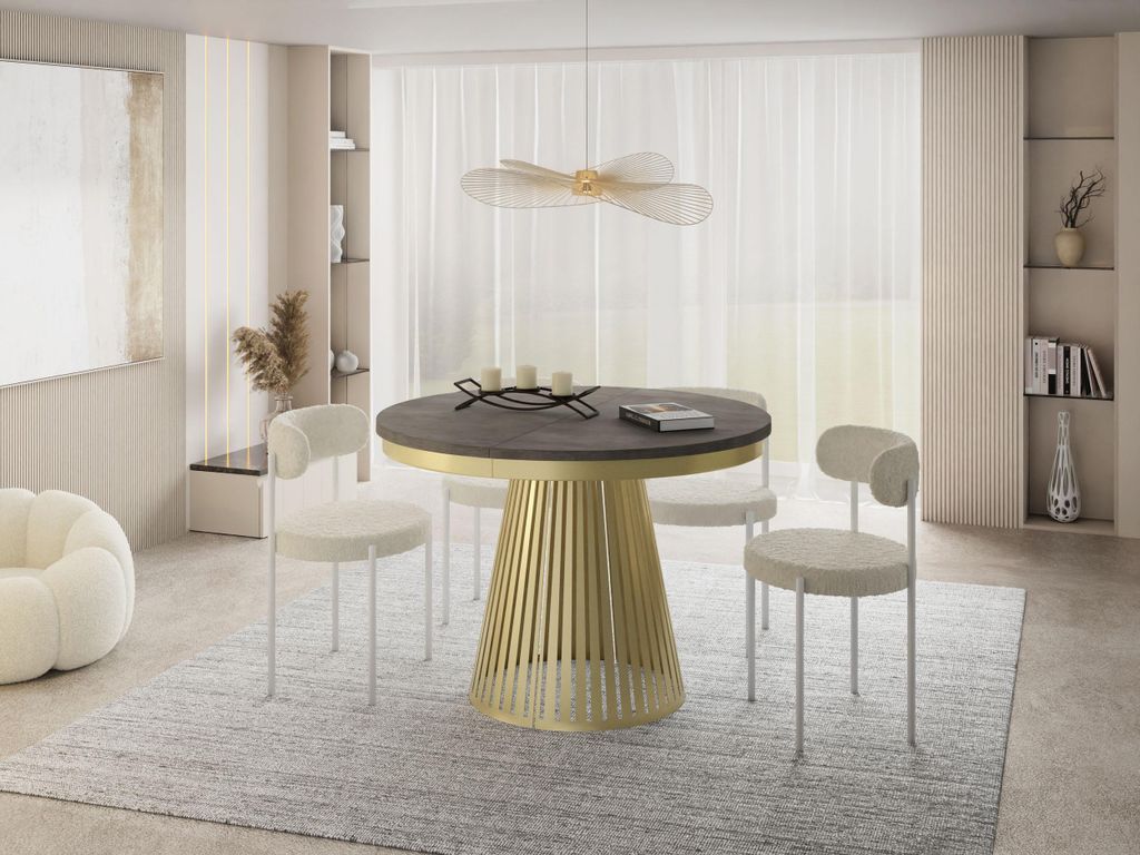 Esstisch Rund Ausziehbar mit Lamellen im Loft-Stil – 100 bis 180 cm – Industrieller Tisch mit Metallbeinen in Gold, Platzsparend für Wohnzimme...