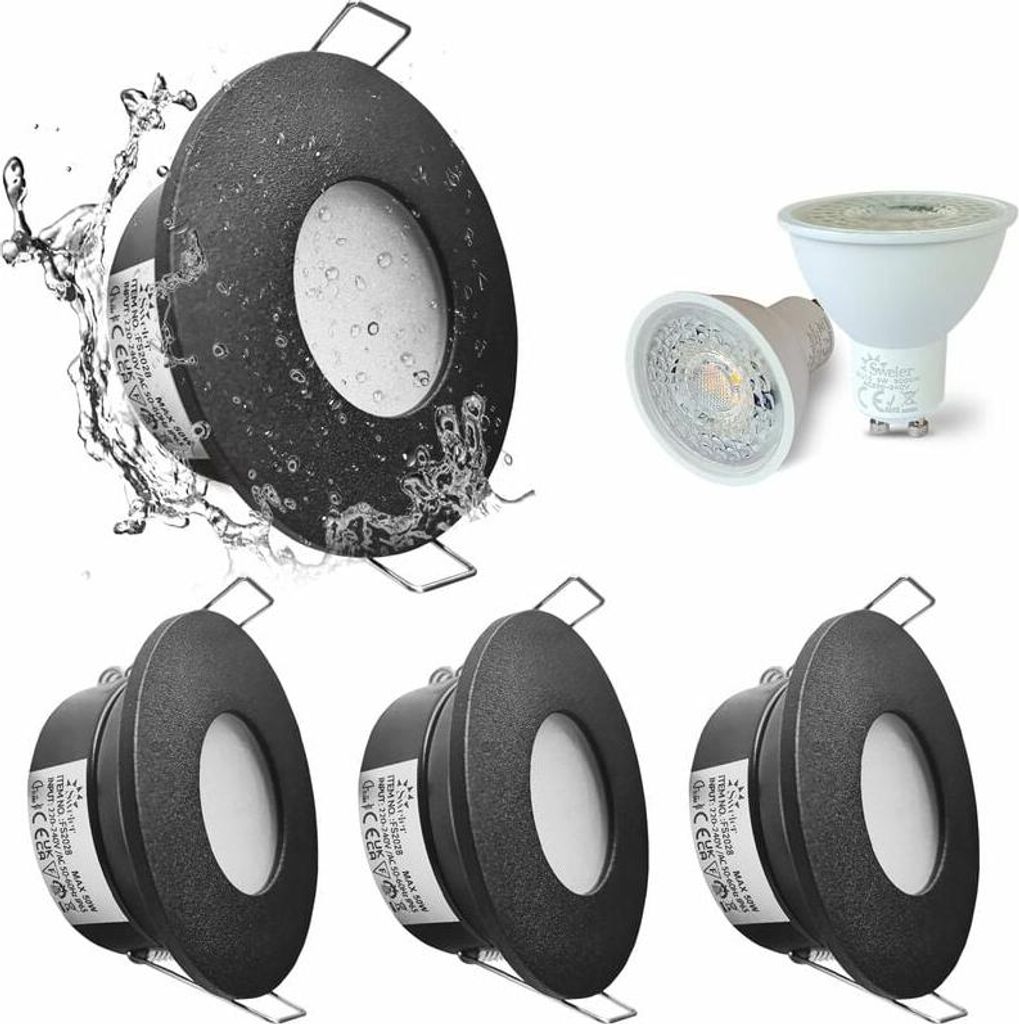 Set mit 4 wasserdichten LED-Einbaustrahlern (IP65), 5 W, 3000 K warmweiß, für Bad und Küche, 68 mm Einbautiefe, Gehäuse aus satiniertem Nickel,...