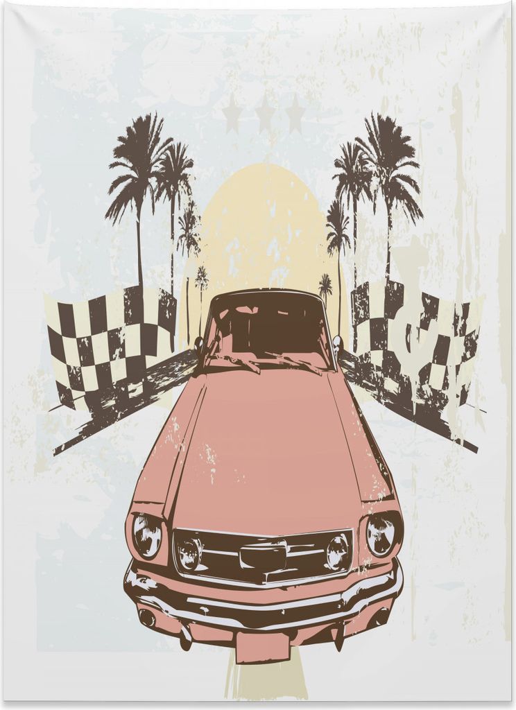 Abakuhaus Grunge Wandteppich, Retro Auto Sport Palmen aus Weiches Mikrofaser Stoff Kein Verblassen Klare Farben Waschbar, 110 x 150 cm, Mintgrün G...