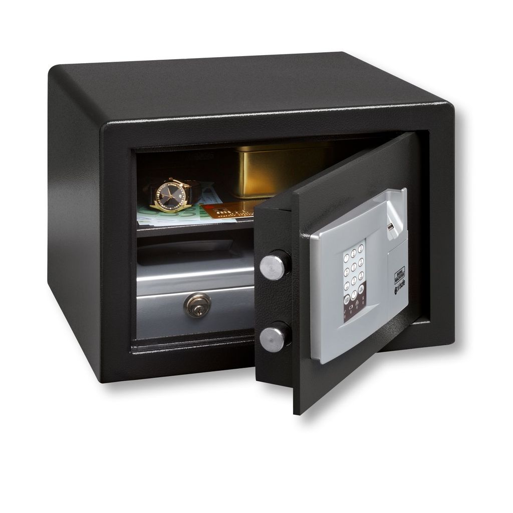 An open safe with items inside.
