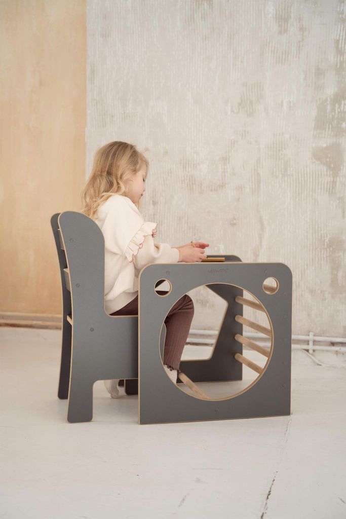 Montessori Kletterwürfel mit Kinderstuhl - grau
