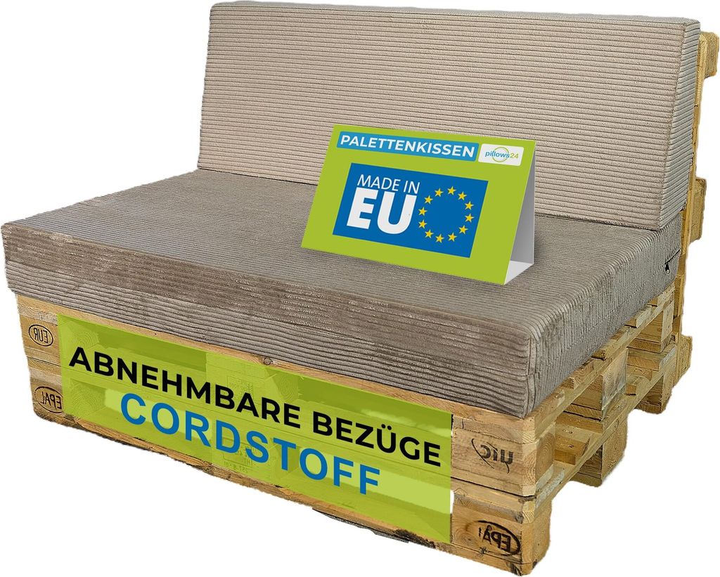 A two-piece set of corduroy cushions designed for European pallets, presented as a sofa.