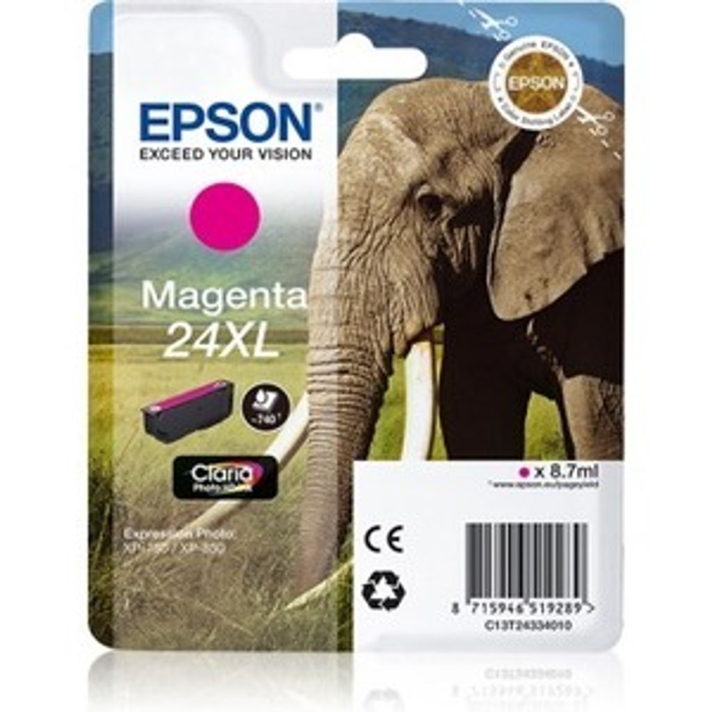 Epson Elephant Singlepack Magenta 24XL Claria Photo HD Ink, Hohe (XL-) Ausbeute, Magenta, Tinte auf Pigmentbasis, 8,7 ml, 1 Stück(e), 740 Seiten