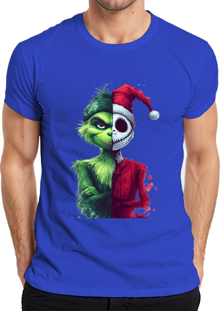 Grinch Jack Skellington Weihnachten Crossover gruselig Vintage Herren T-Shirt, Blau, S