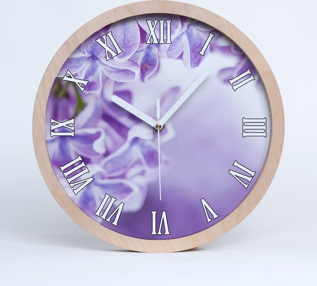 Holzuhr 25fi cm wanduhr - weiße Spitzen - lila Blüten