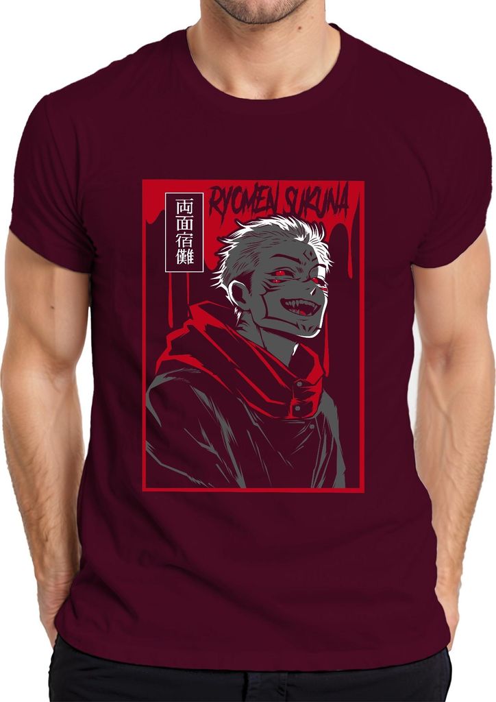 Ryomen Sukuna Jujutsu Kaisen Dämon Rot Schwarz Anime Ästhetik Herren T-Shirt, Burgundy, M