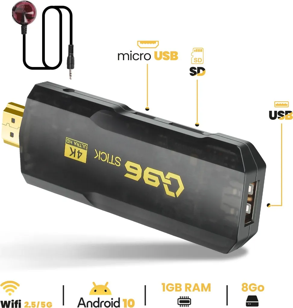 Passerelle Multimédia Android TV Stick 4K HDMI avec WiFi Intégré Noir